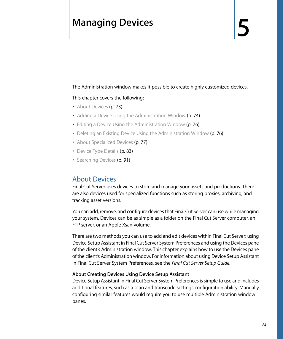 Managing devices, About devices | Apple Final Cut Server 1.5 User Manual | Page 73 / 140