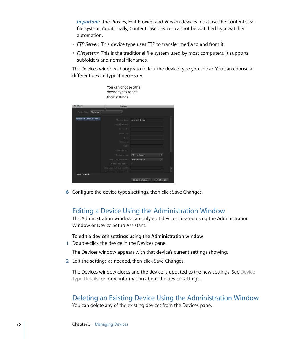 Editing a device using the administration window | Apple Final Cut Server 1.5 User Manual | Page 76 / 140