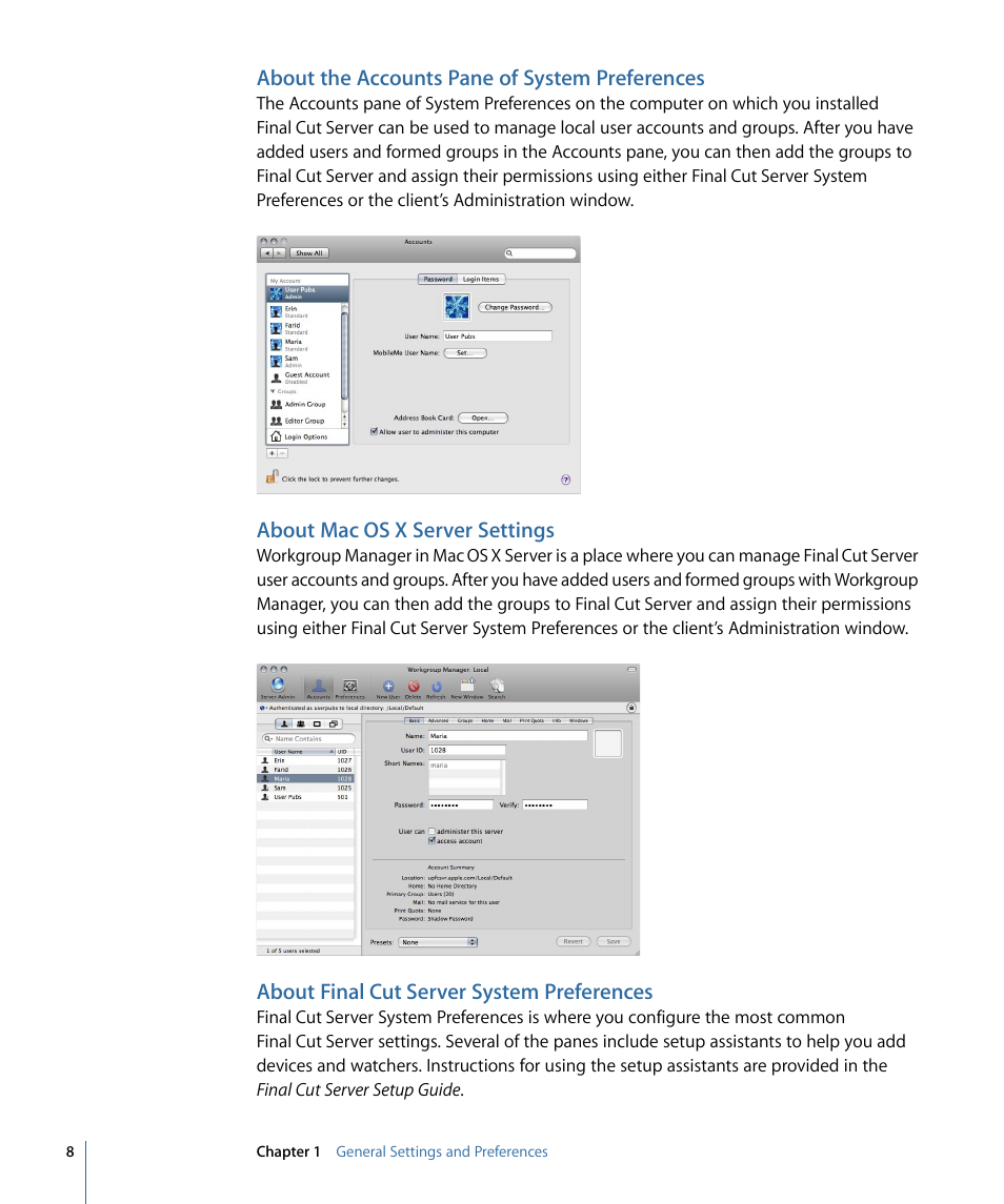 About the accounts pane of system preferences, About mac os x server settings, About final cut server system preferences | Apple Final Cut Server 1.5 User Manual | Page 8 / 140