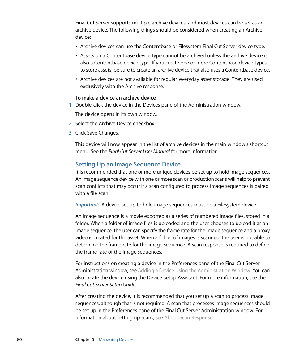 Setting up an image sequence device | Apple Final Cut Server 1.5 User Manual | Page 80 / 140