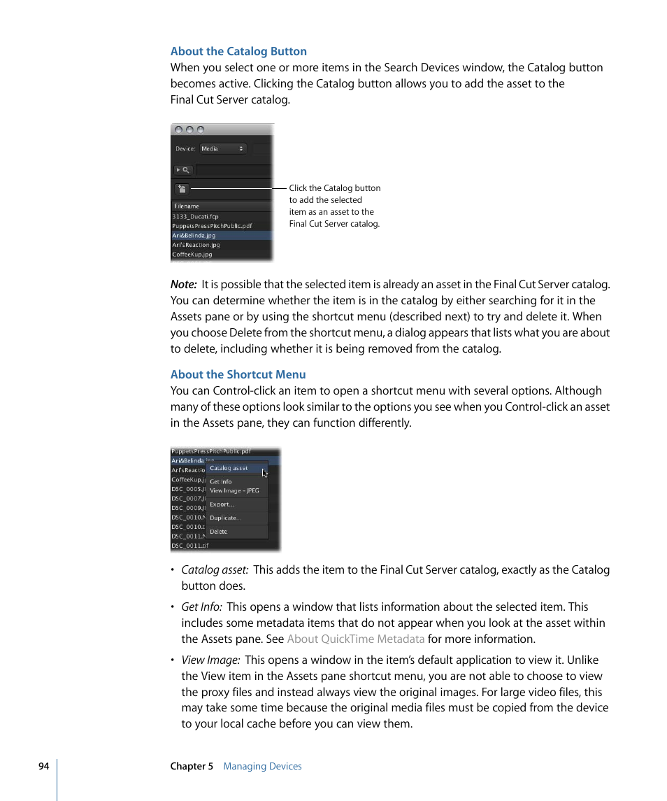 About the catalog button, About the shortcut menu | Apple Final Cut Server 1.5 User Manual | Page 94 / 140