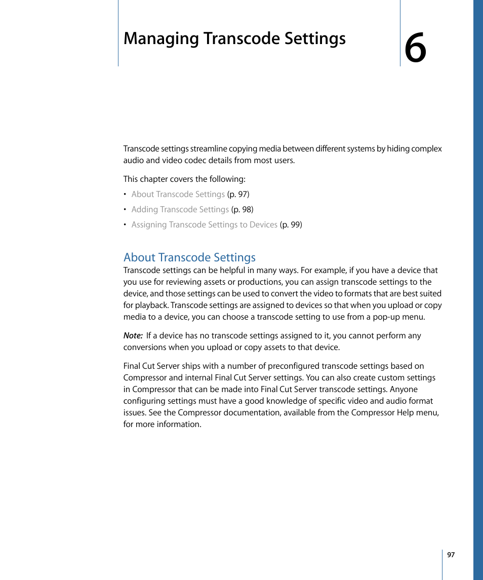 Managing transcode settings, About transcode settings | Apple Final Cut Server 1.5 User Manual | Page 97 / 140