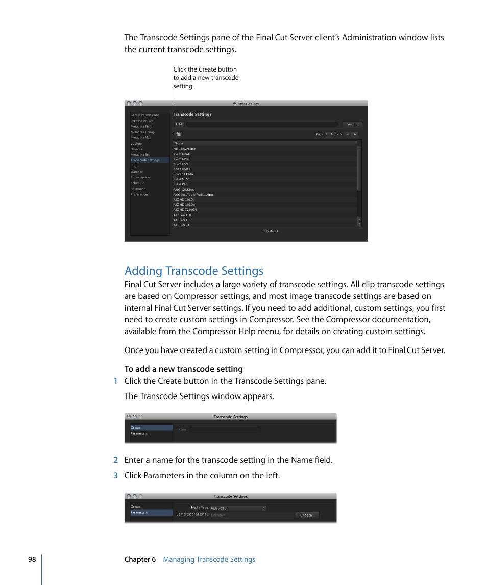 Adding transcode settings | Apple Final Cut Server 1.5 User Manual | Page 98 / 140