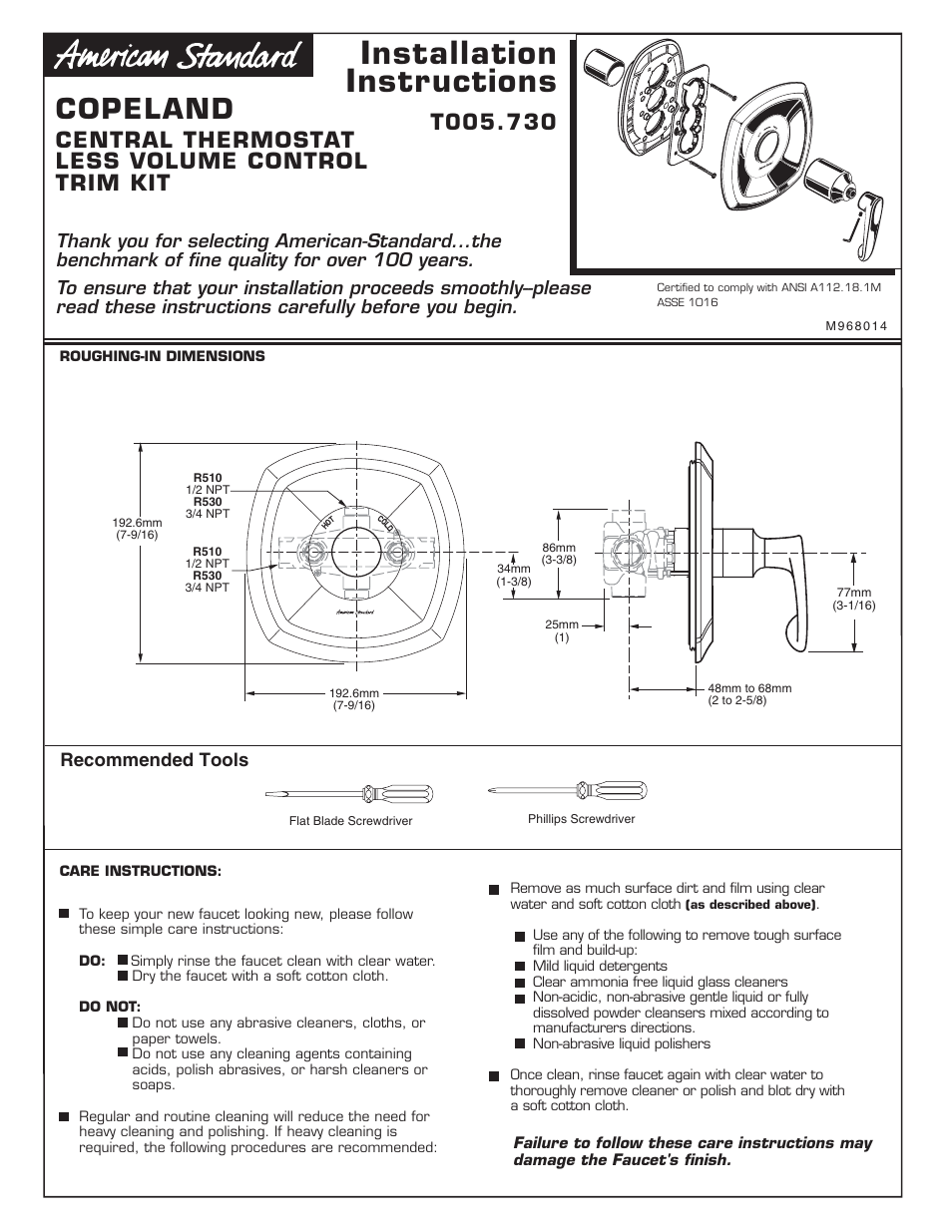 American Standard Copeland T005.730 User Manual | 9 pages