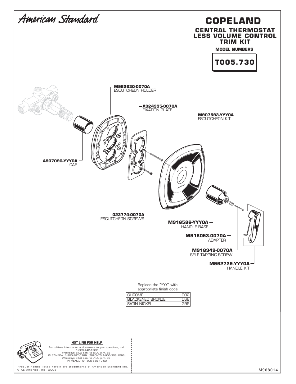 Copeland, Central thermostat less volume control trim kit | American Standard Copeland T005.730 User Manual | Page 3 / 9