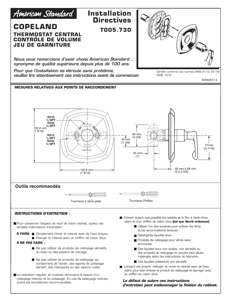 Copeland_t005730-cf, Installation directives, Copeland | Outils recommandés | American Standard Copeland T005.730 User Manual | Page 4 / 9