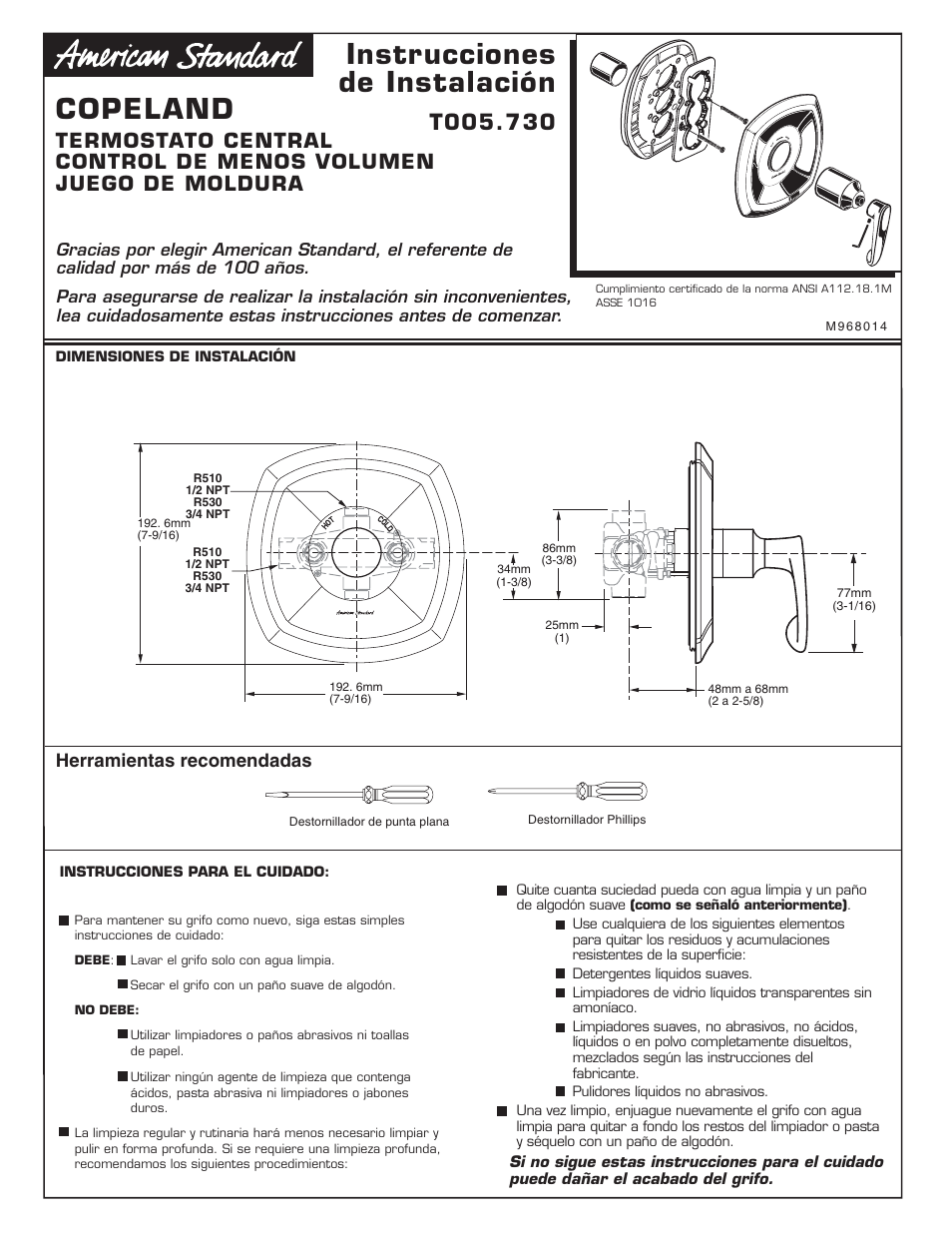 Copeland_t005730-ls, Instrucciones de instalación, Copeland | Herramientas recomendadas | American Standard Copeland T005.730 User Manual | Page 7 / 9