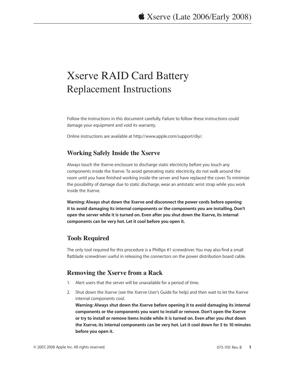 Apple Xserve (Early 2008) DIY Procedure for Xserve RAID Card Battery User Manual | 16 pages