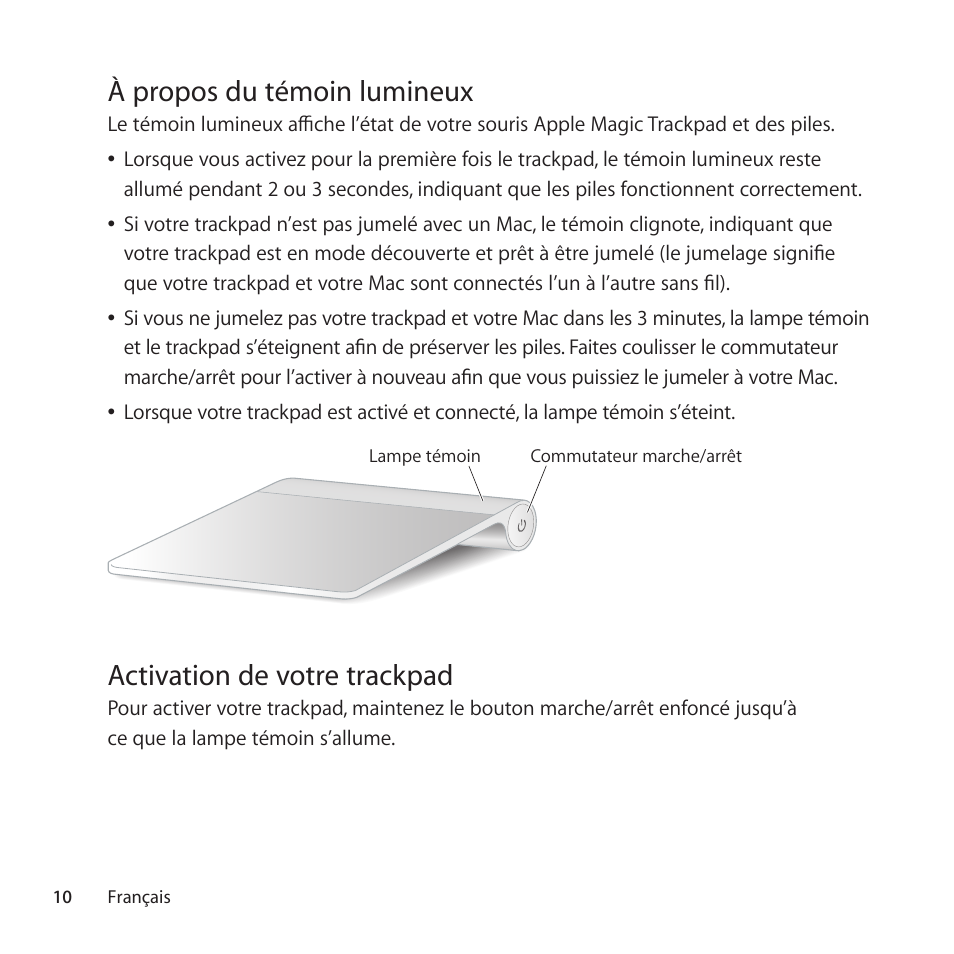 À propos du témoin lumineux, Activation de votre trackpad | Apple Magic Trackpad User Manual | Page 10 / 36
