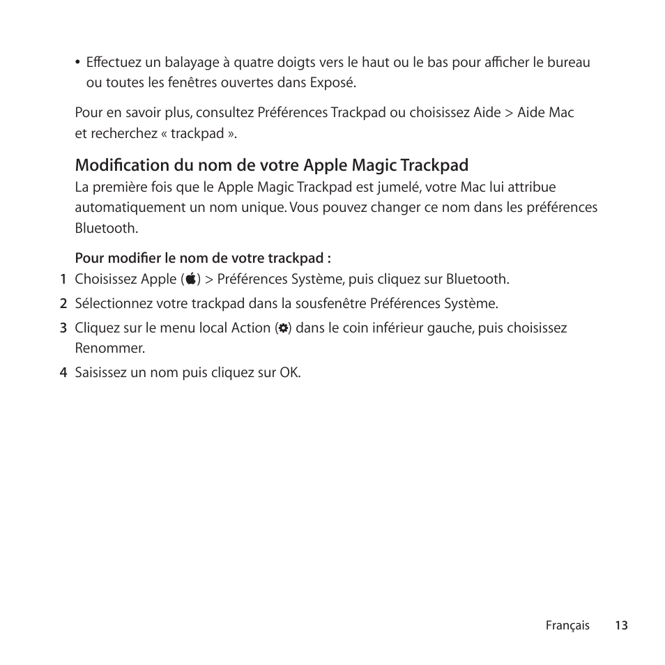 Modification du nom de votre apple magic trackpad | Apple Magic Trackpad User Manual | Page 13 / 36