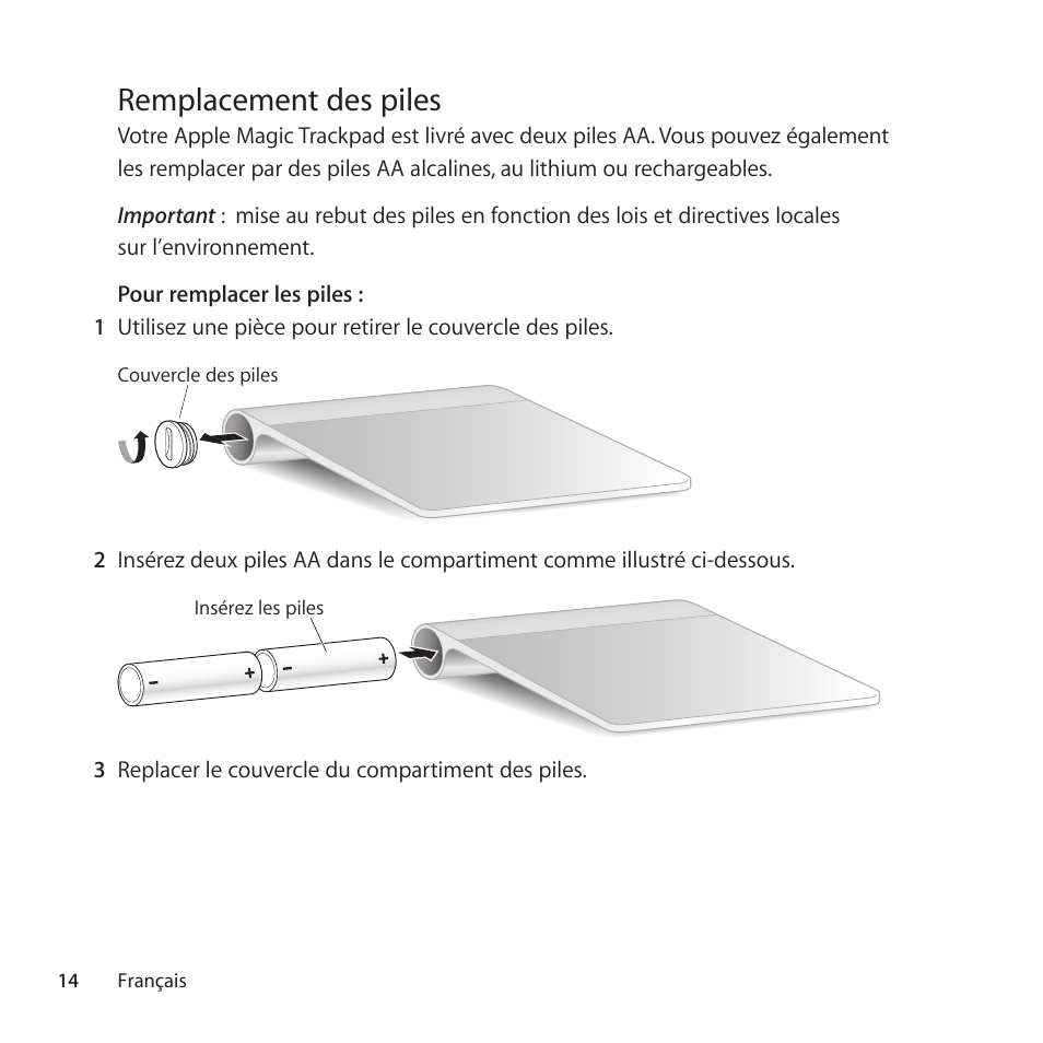 Remplacement des piles | Apple Magic Trackpad User Manual | Page 14 / 36