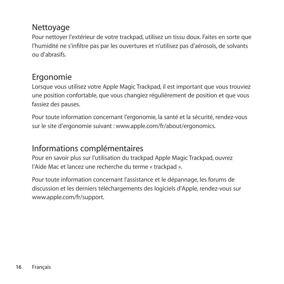 Nettoyage, Ergonomie, Informations complémentaires | Apple Magic Trackpad User Manual | Page 16 / 36