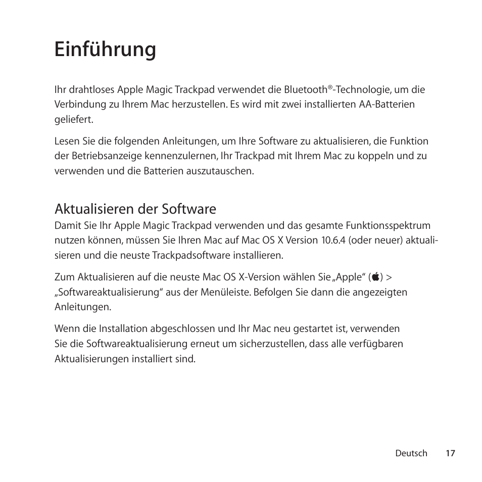 Einführung, Aktualisieren der software | Apple Magic Trackpad User Manual | Page 17 / 36