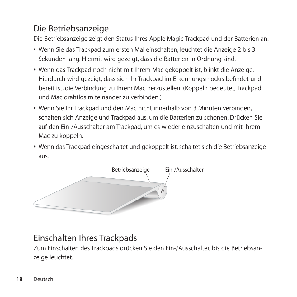 Die betriebsanzeige, Einschalten ihres trackpads | Apple Magic Trackpad User Manual | Page 18 / 36