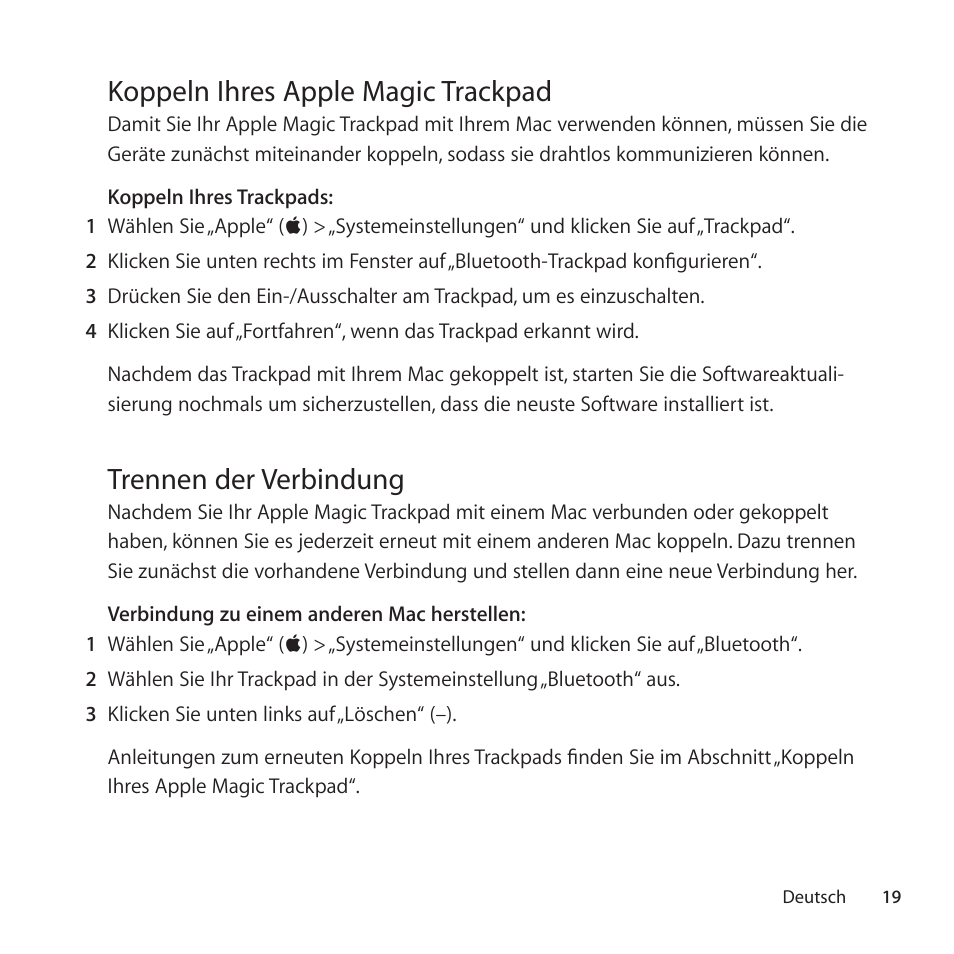 Koppeln ihres apple magic trackpad, Trennen der verbindung | Apple Magic Trackpad User Manual | Page 19 / 36
