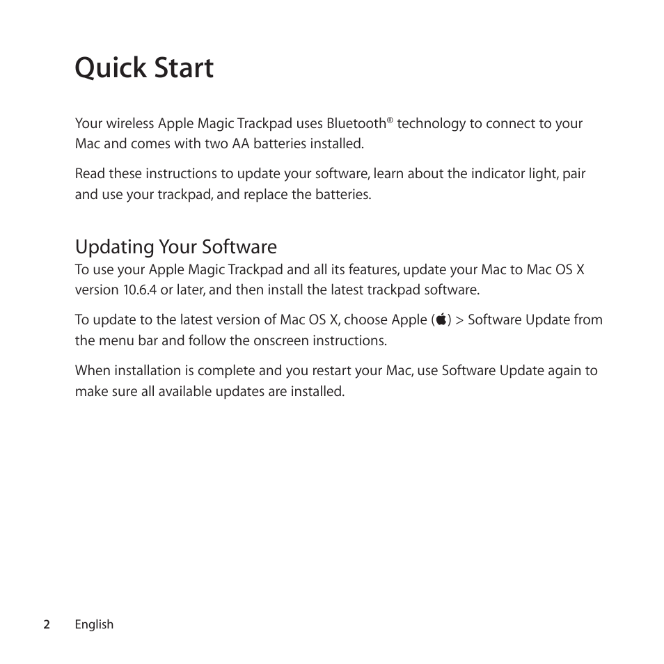 Quick start, Updating your software | Apple Magic Trackpad User Manual | Page 2 / 36