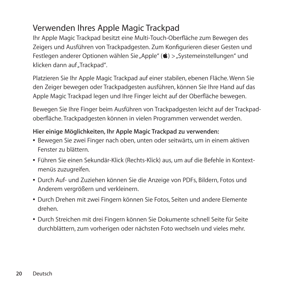 Verwenden ihres apple magic trackpad | Apple Magic Trackpad User Manual | Page 20 / 36