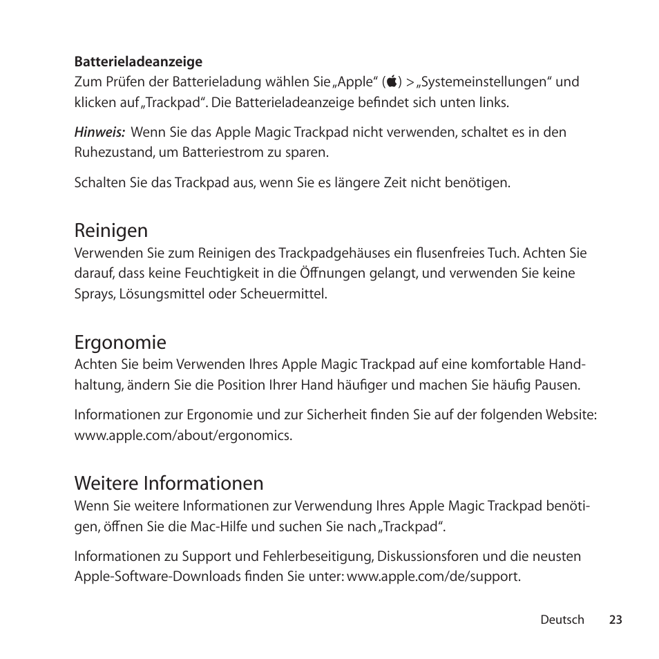 Reinigen, Ergonomie, Weitere informationen | Apple Magic Trackpad User Manual | Page 23 / 36
