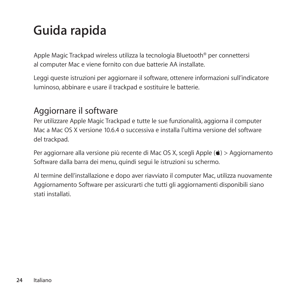 Guida rapida, Aggiornare il software | Apple Magic Trackpad User Manual | Page 24 / 36