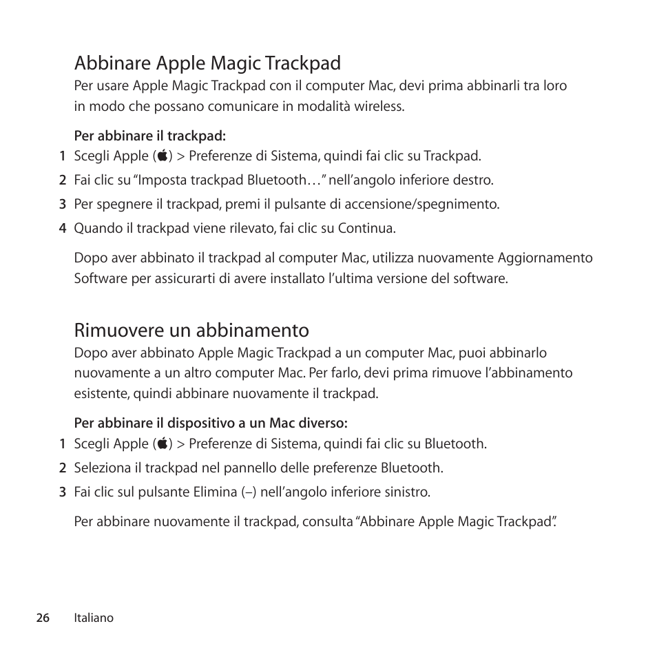 Abbinare apple magic trackpad, Rimuovere un abbinamento | Apple Magic Trackpad User Manual | Page 26 / 36