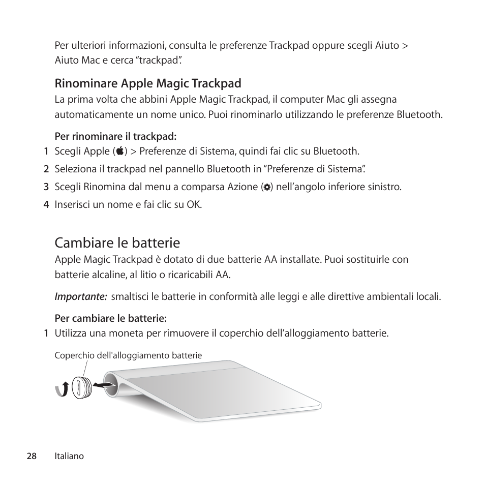 Cambiare le batterie, Rinominare apple magic trackpad | Apple Magic Trackpad User Manual | Page 28 / 36