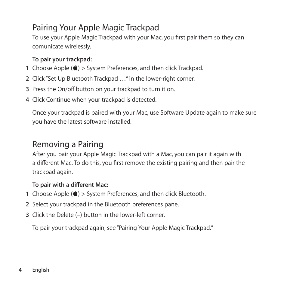 Pairing your apple magic trackpad, Removing a pairing | Apple Magic Trackpad User Manual | Page 4 / 36