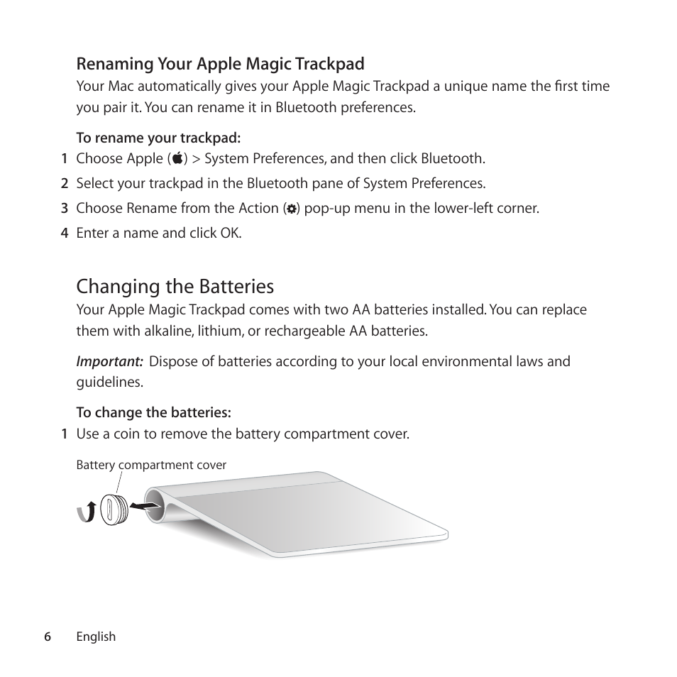 Changing the batteries, Renaming your apple magic trackpad | Apple Magic Trackpad User Manual | Page 6 / 36