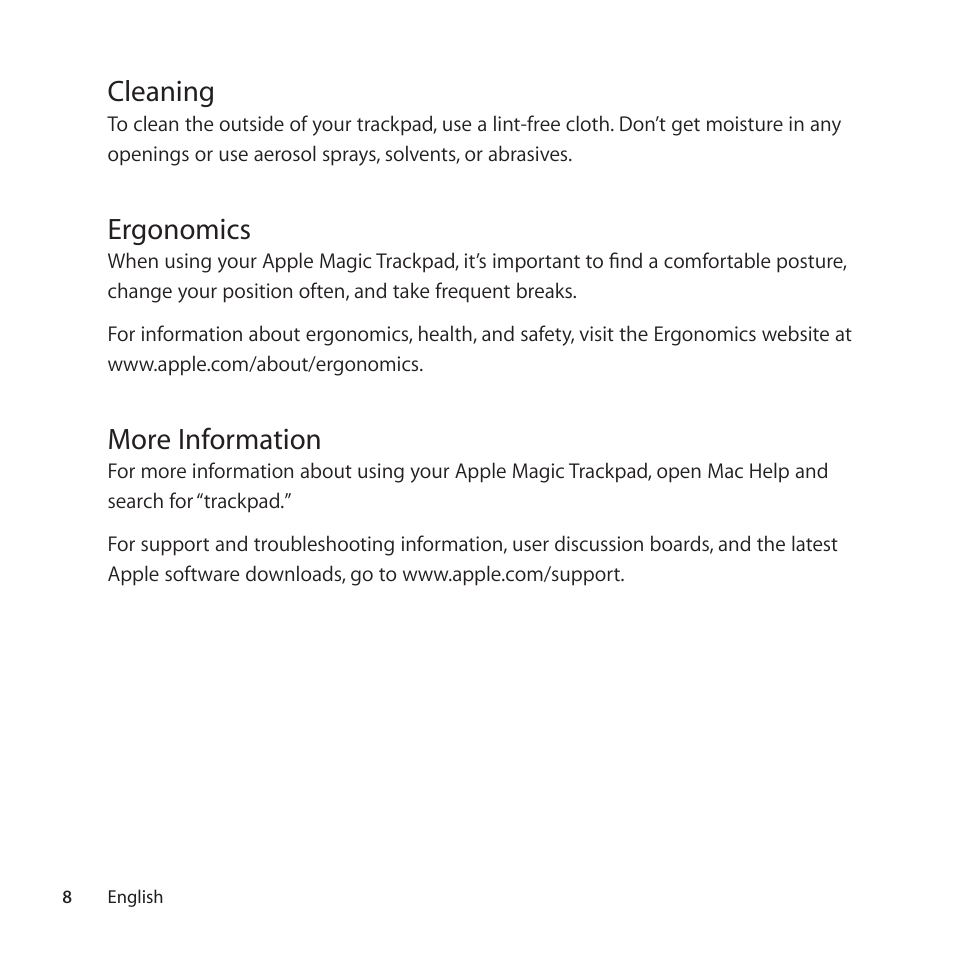 Cleaning, Ergonomics, More information | Apple Magic Trackpad User Manual | Page 8 / 36