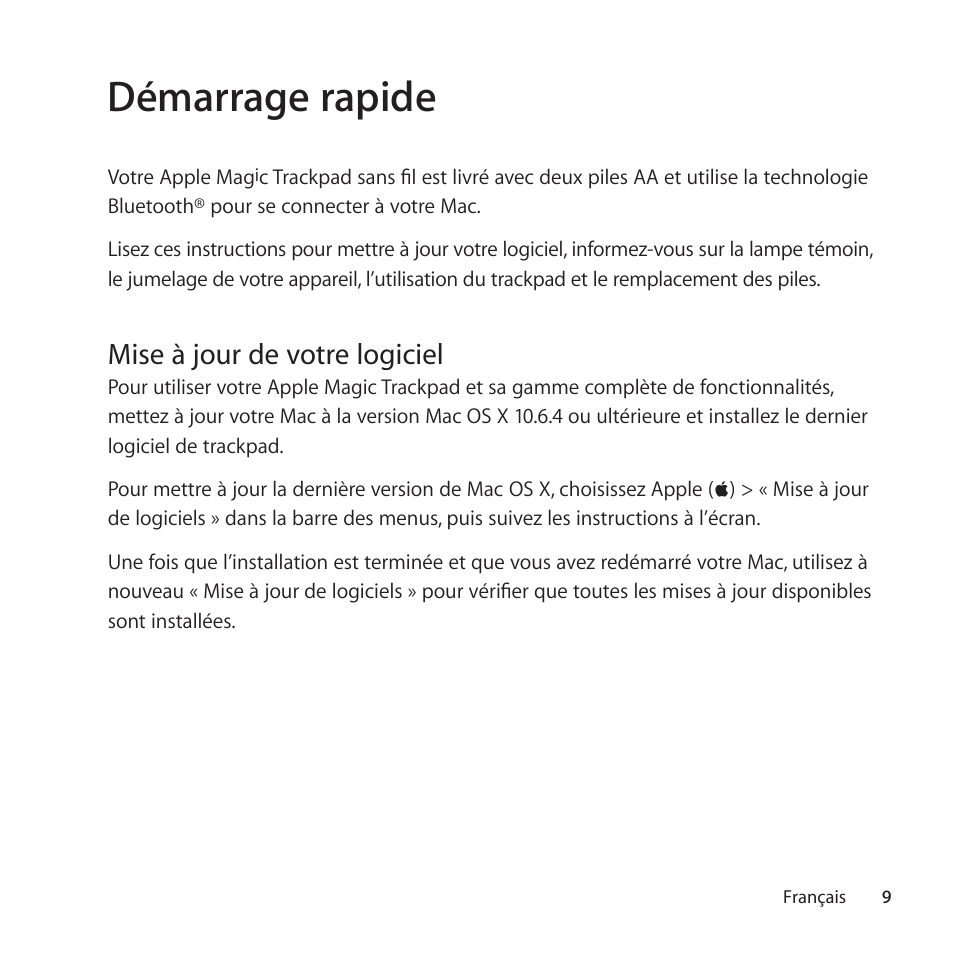 Démarrage rapide, Mise à jour de votre logiciel | Apple Magic Trackpad User Manual | Page 9 / 36