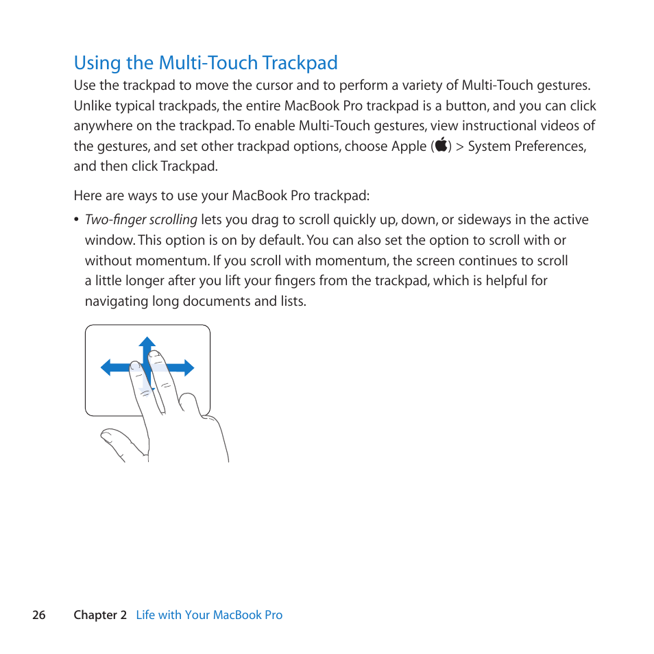 Using the multi-touch trackpad, 26 using the multi-touch trackpad | Apple MacBook Pro (15-inch, Mid 2010) User Manual | Page 26 / 84