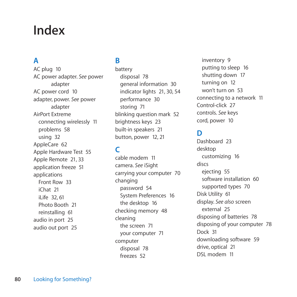 Index, 80 index | Apple MacBook Pro (15-inch, Mid 2010) User Manual | Page 80 / 84