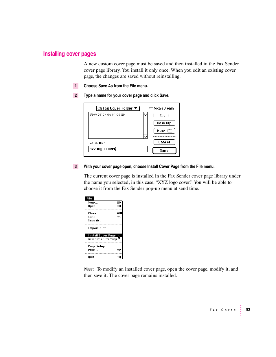 Installing cover pages | Apple Express Fax/Modem User Manual | Page 105 / 185