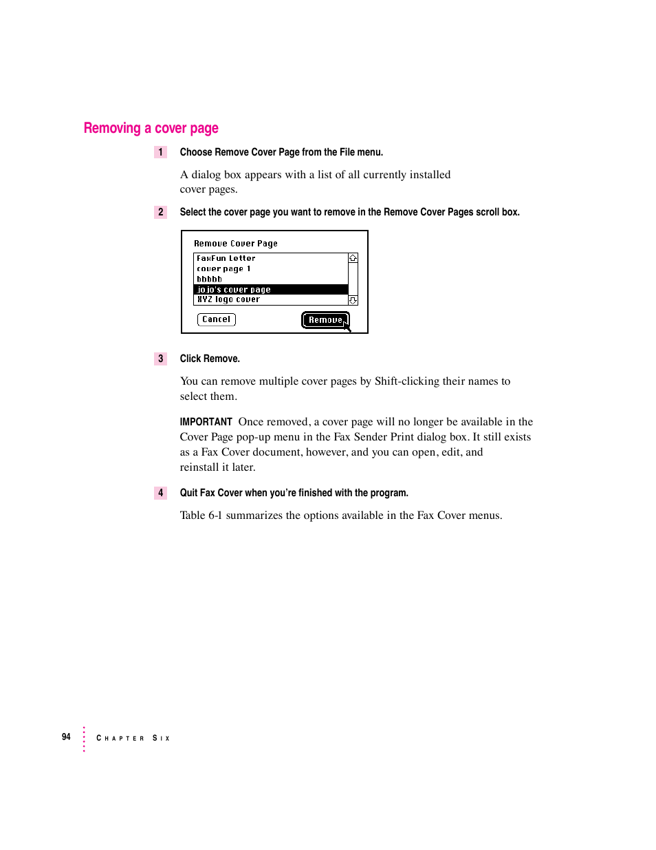 Removing a cover page | Apple Express Fax/Modem User Manual | Page 106 / 185