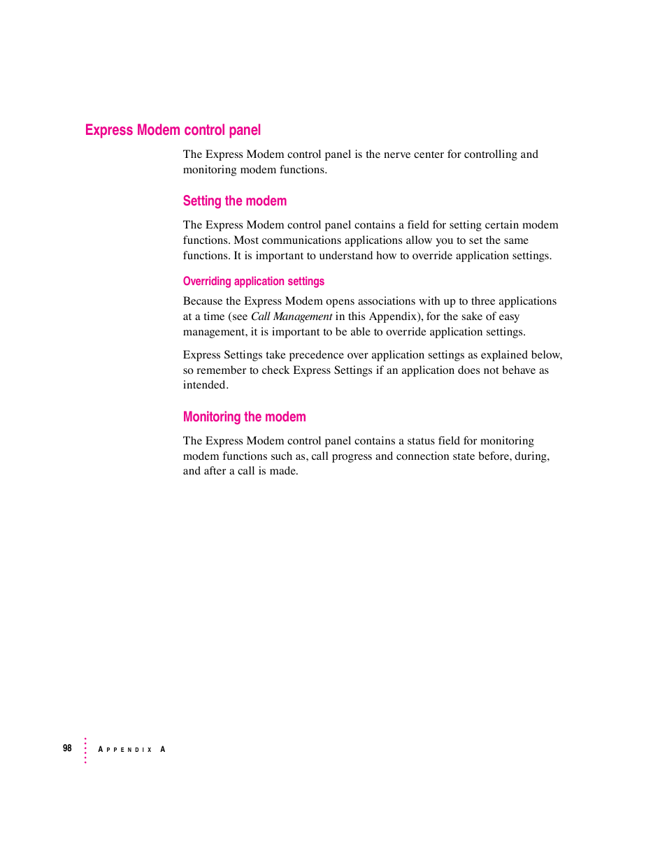 Express modem control panel, Setting the modem, Monitoring the modem | Apple Express Fax/Modem User Manual | Page 110 / 185