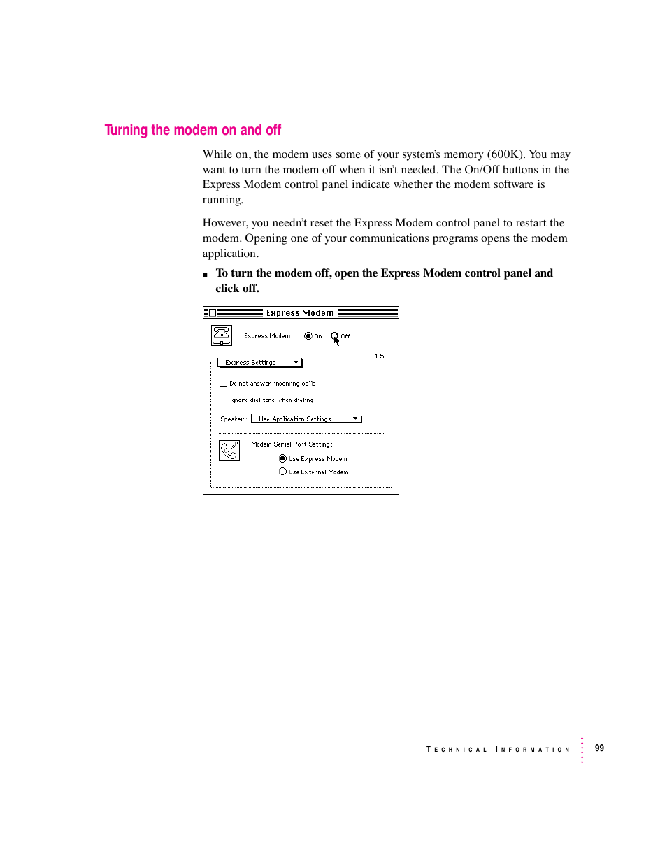 Turning the modem on and off | Apple Express Fax/Modem User Manual | Page 111 / 185