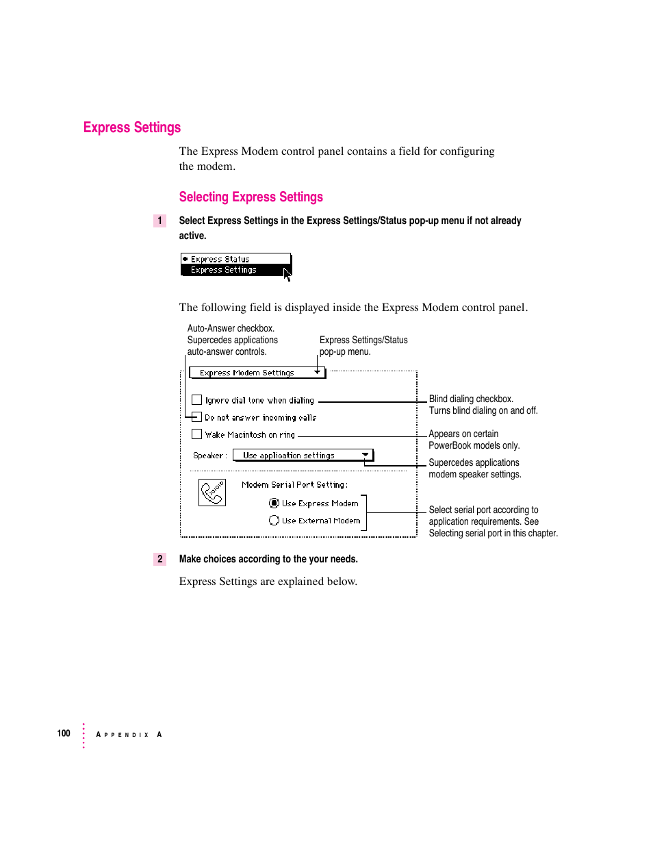 Express settings, Selecting express settings | Apple Express Fax/Modem User Manual | Page 112 / 185