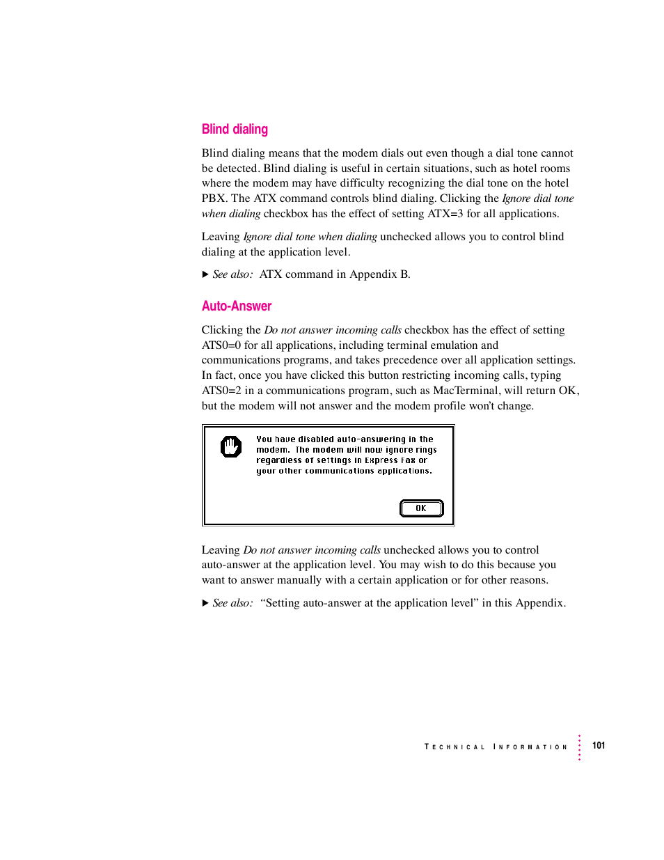 Blind dialing, Auto-answer | Apple Express Fax/Modem User Manual | Page 113 / 185