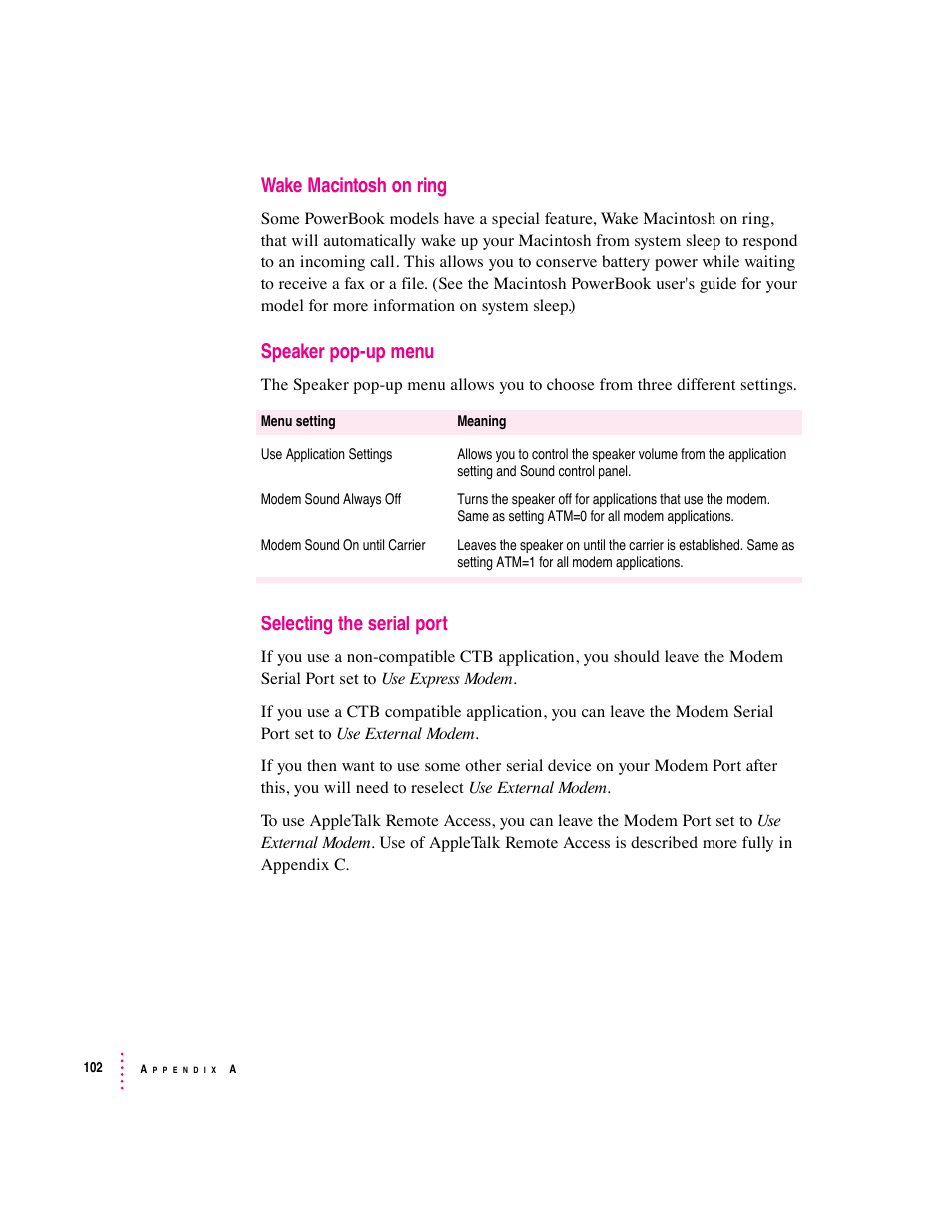 Wake macintosh on ring, Speaker pop-up menu, Selecting the serial port | Apple Express Fax/Modem User Manual | Page 114 / 185