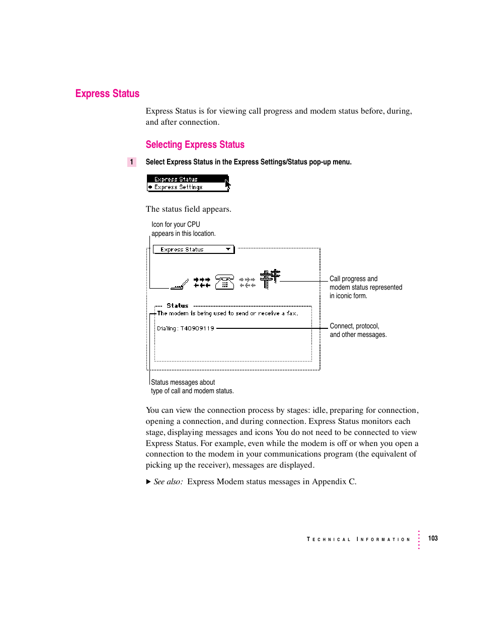 Express status, Selecting express status | Apple Express Fax/Modem User Manual | Page 115 / 185