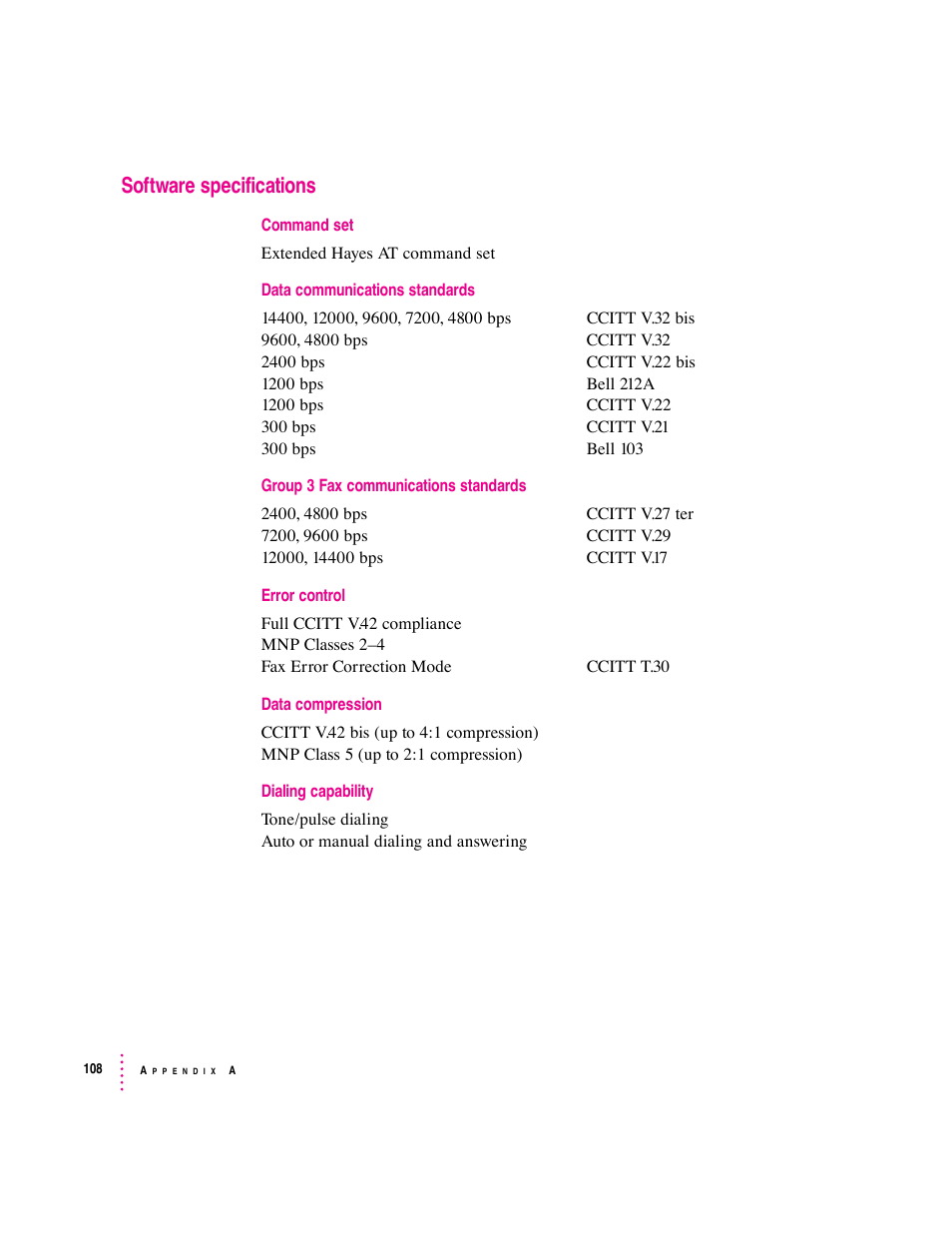 Software specifications | Apple Express Fax/Modem User Manual | Page 120 / 185