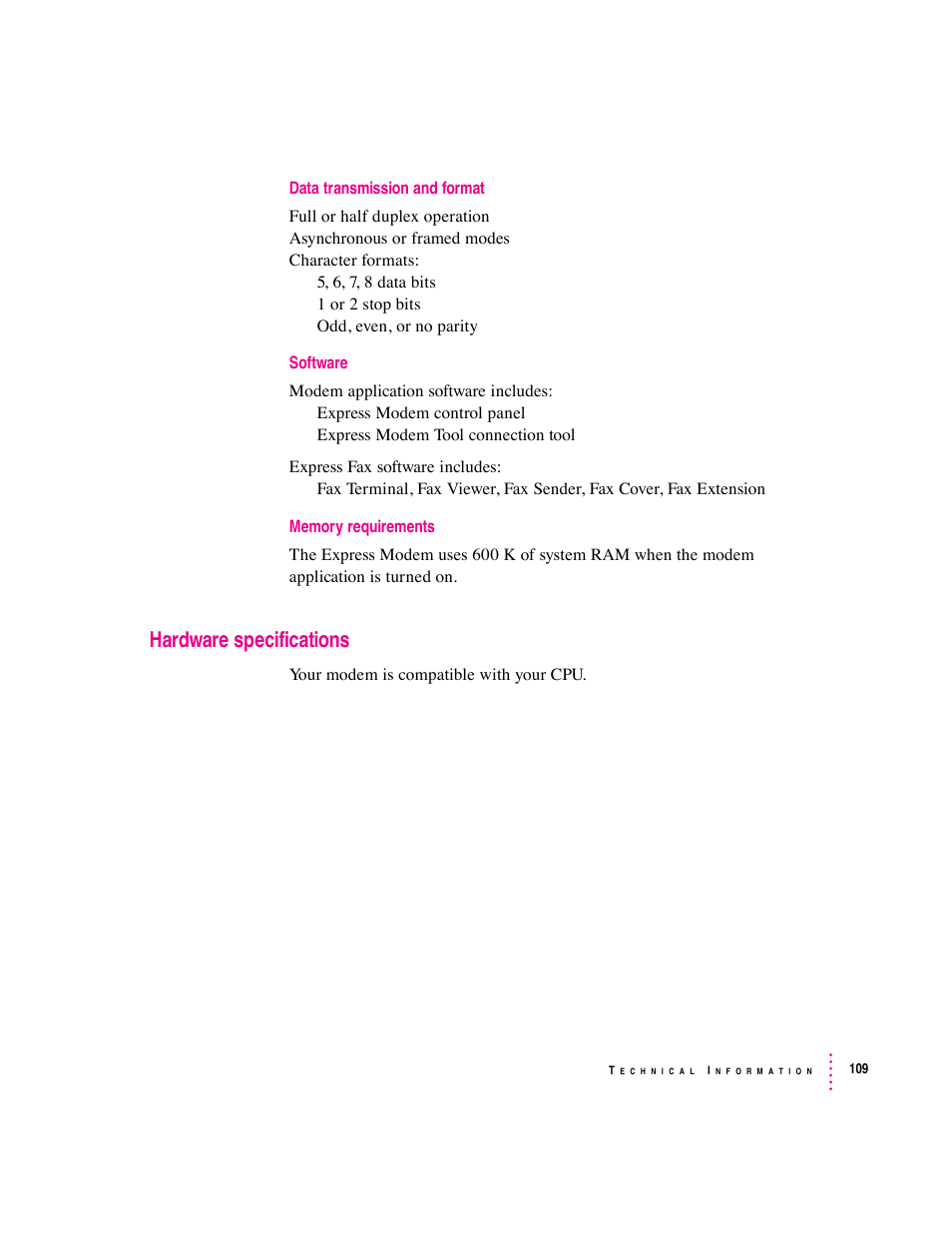 Hardware specifications | Apple Express Fax/Modem User Manual | Page 121 / 185