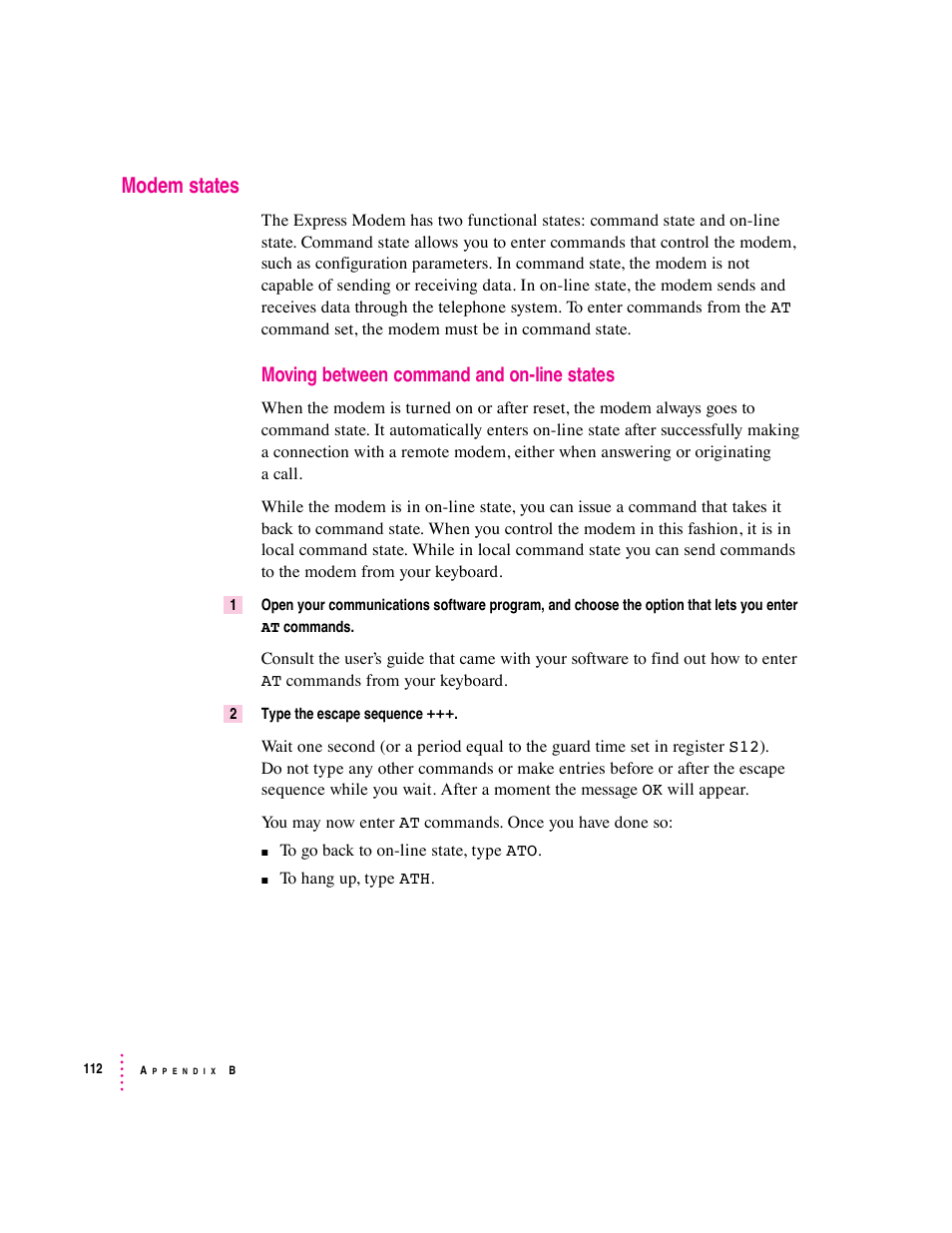 Modem states, Moving between command and on-line states | Apple Express Fax/Modem User Manual | Page 124 / 185