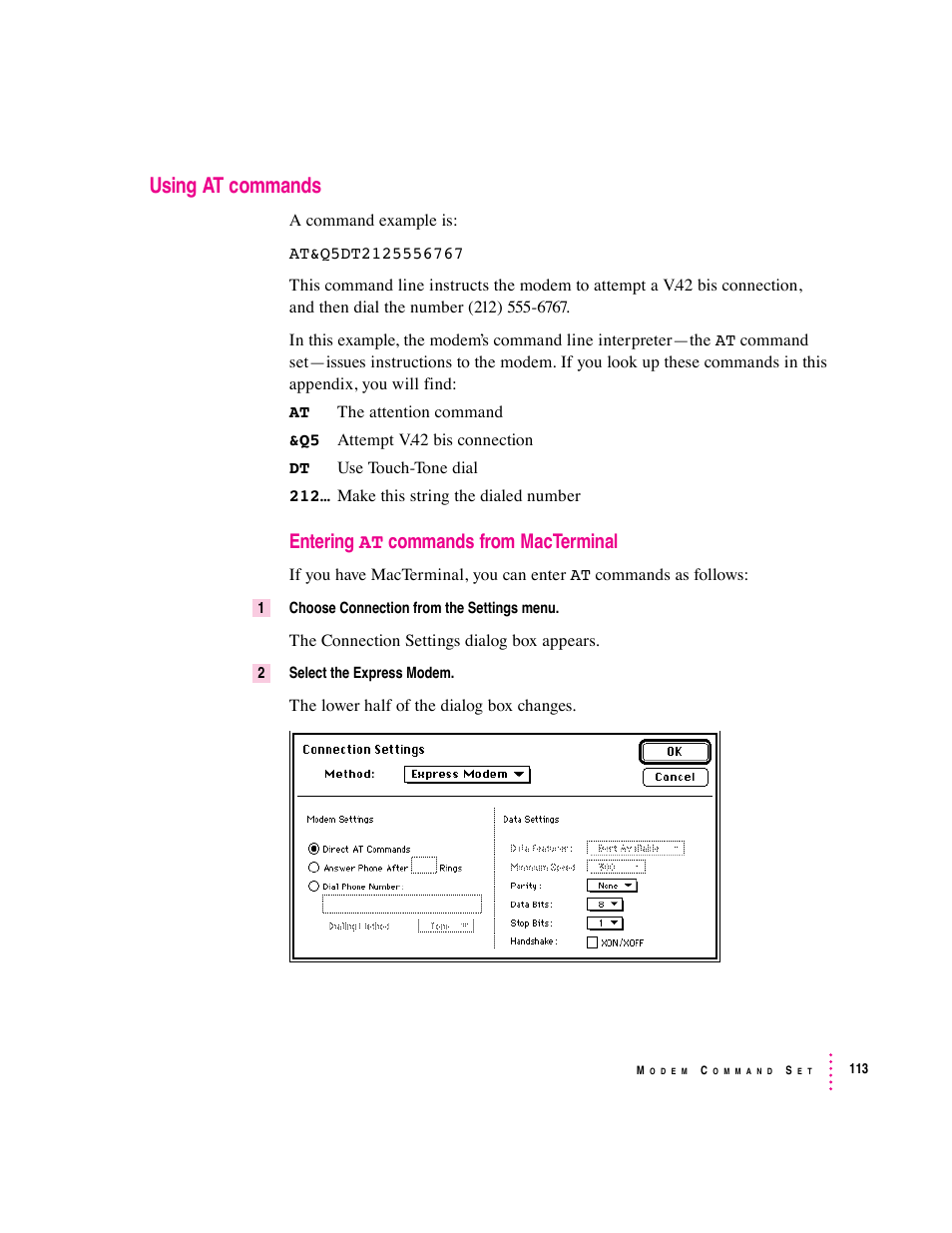 Using at commands, Entering at commands from macterminal | Apple Express Fax/Modem User Manual | Page 125 / 185