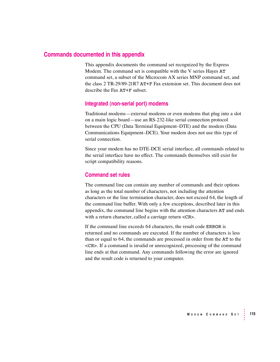 Commands documented in this appendix, Integrated (non-serial port) modems, Command set rules | Apple Express Fax/Modem User Manual | Page 127 / 185