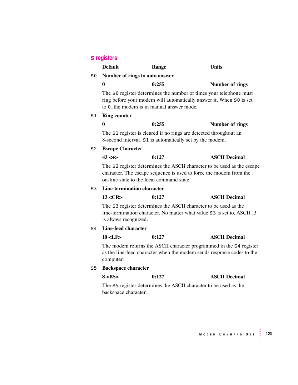 S registers | Apple Express Fax/Modem User Manual | Page 135 / 185