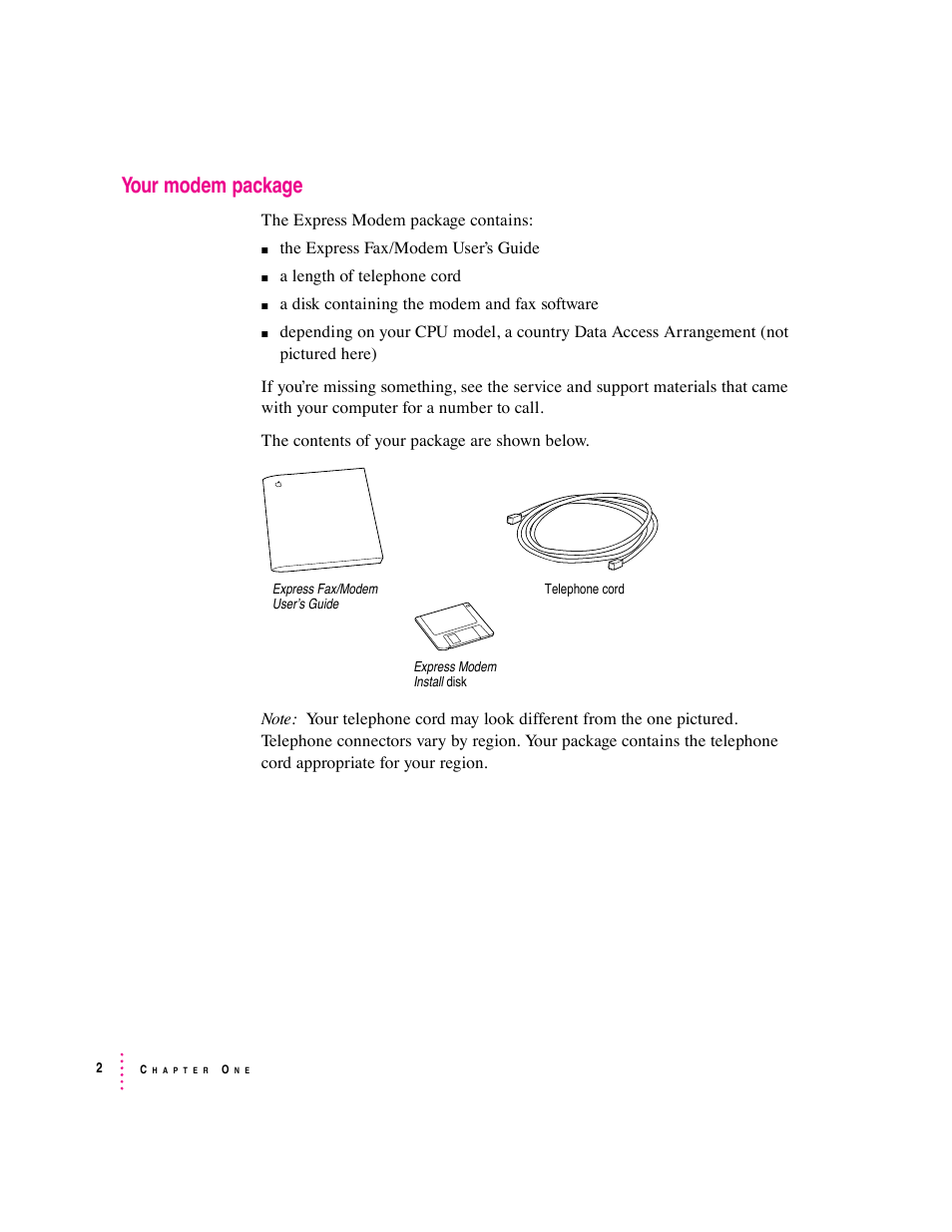 Your modem package | Apple Express Fax/Modem User Manual | Page 14 / 185