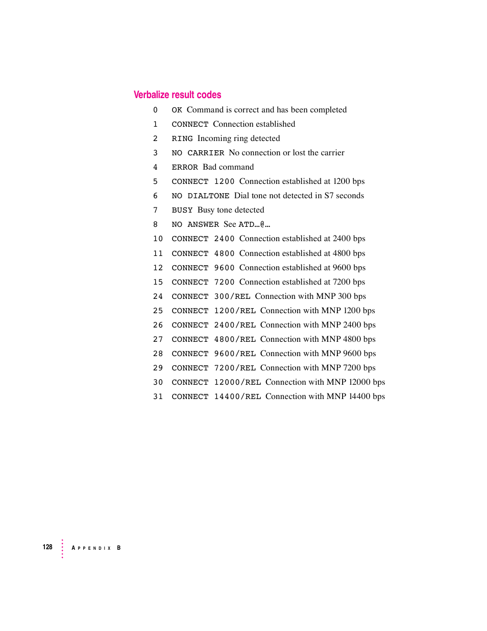 Verbalize result codes | Apple Express Fax/Modem User Manual | Page 140 / 185