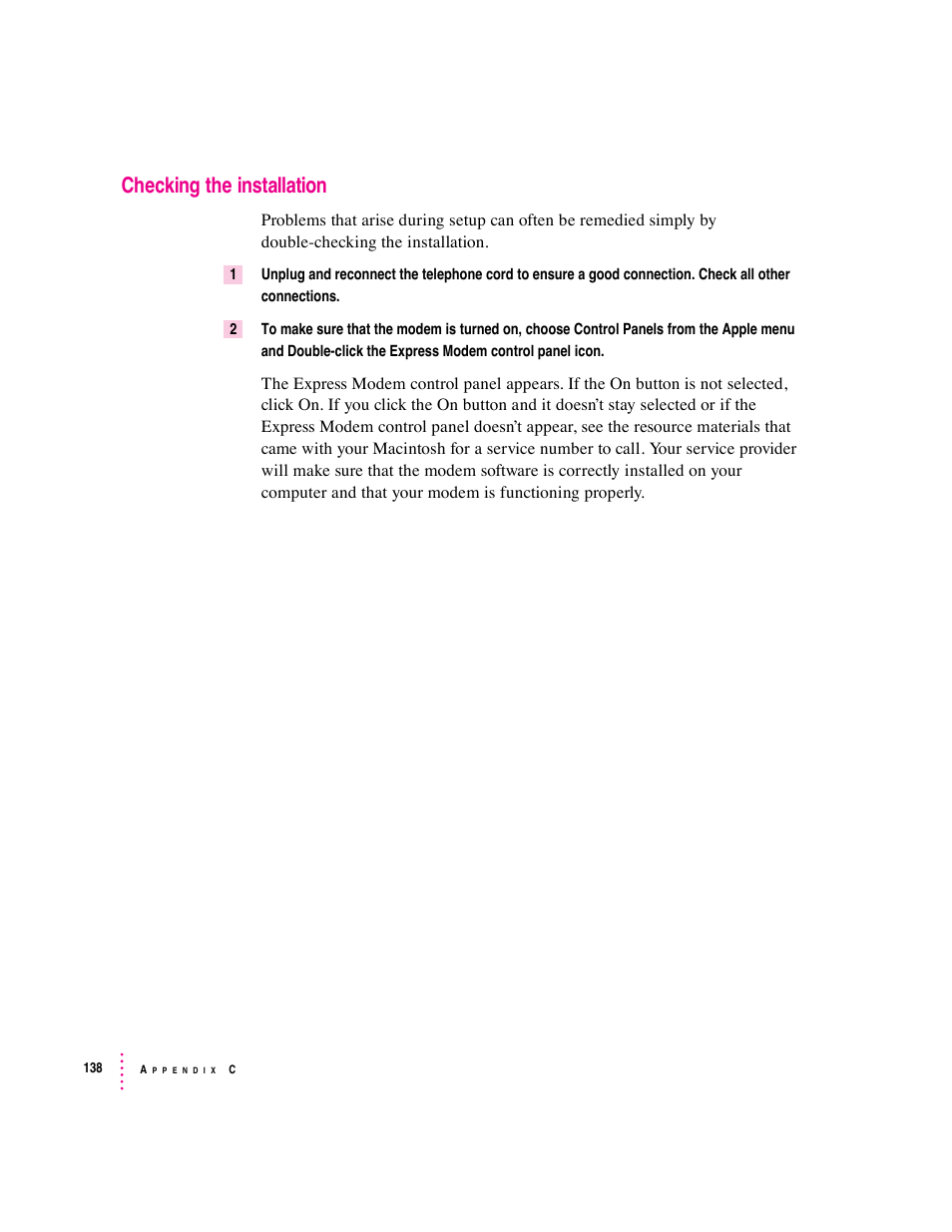 Checking the installation | Apple Express Fax/Modem User Manual | Page 150 / 185