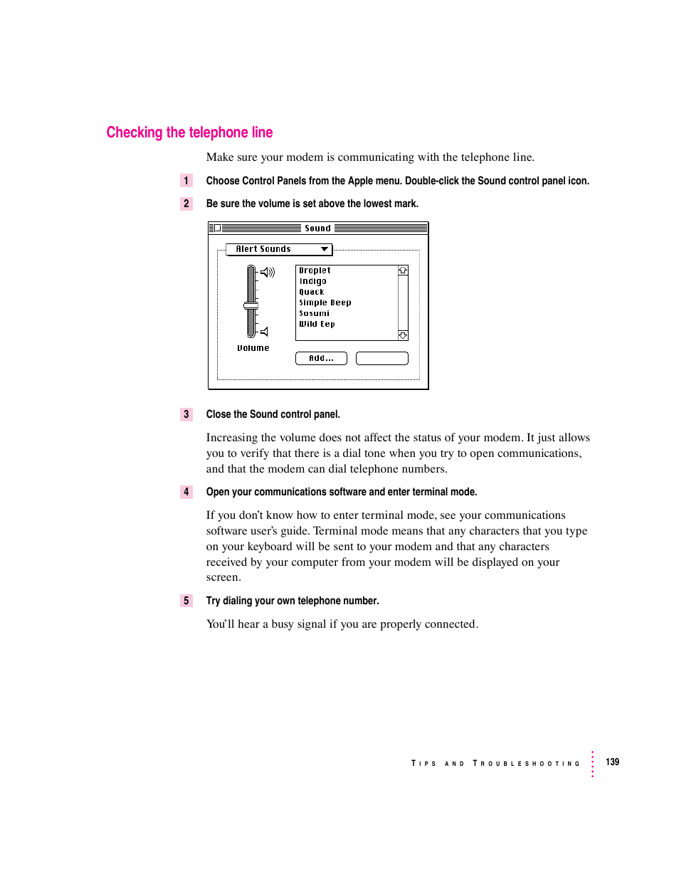 Checking the telephone line | Apple Express Fax/Modem User Manual | Page 151 / 185