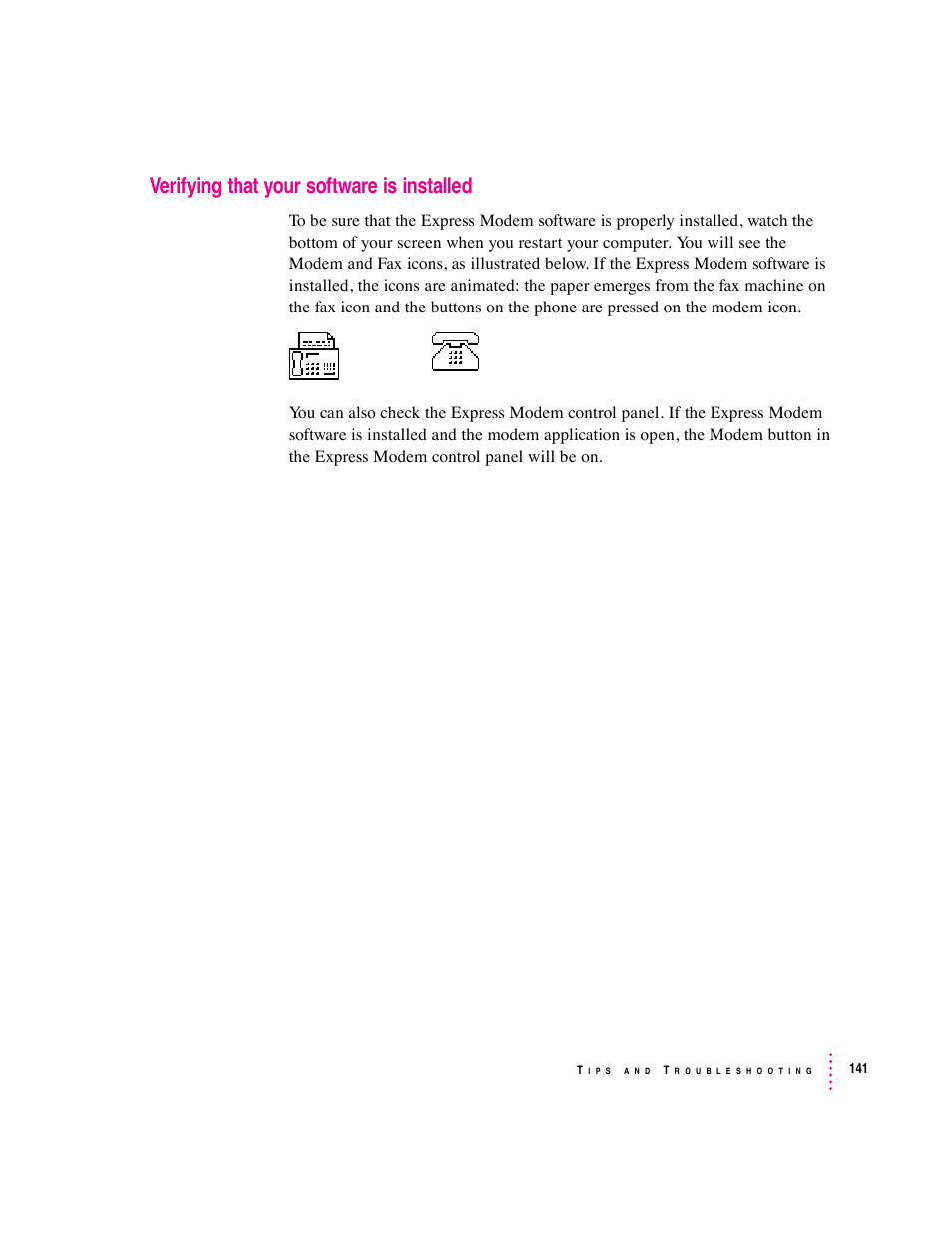 Verifying that your software is installed | Apple Express Fax/Modem User Manual | Page 153 / 185